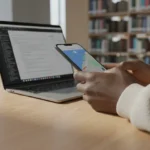 Tablet e smartphone exibindo 4 apps gratuitos de organização digital para estudantes em mesa de estudos.