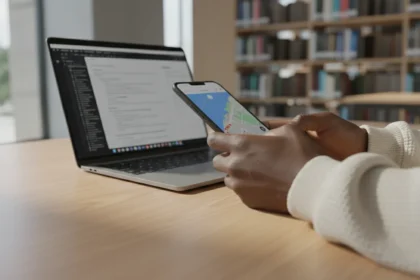 Tablet e smartphone exibindo 4 apps gratuitos de organização digital para estudantes em mesa de estudos.