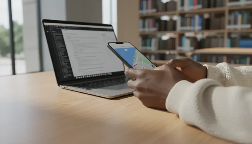 Tablet e smartphone exibindo 4 apps gratuitos de organização digital para estudantes em mesa de estudos.