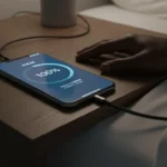 Smartphone conectado ao carregador exibindo bateria cheia. Dicas sobre não carregar o celular até 100% toda noite.
