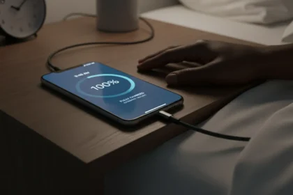 Smartphone conectado ao carregador exibindo bateria cheia. Dicas sobre não carregar o celular até 100% toda noite.