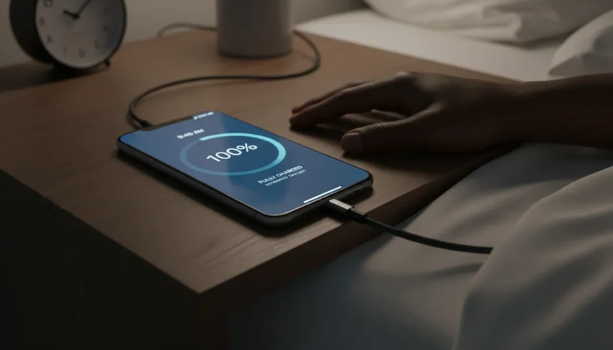 Smartphone conectado ao carregador exibindo bateria cheia. Dicas sobre não carregar o celular até 100% toda noite.