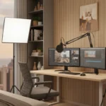 Setup com luzes, câmera e microfone em um centro de mídia para aulas online profissional dentro de um quarto.