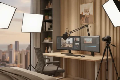 Setup com luzes, câmera e microfone em um centro de mídia para aulas online profissional dentro de um quarto.