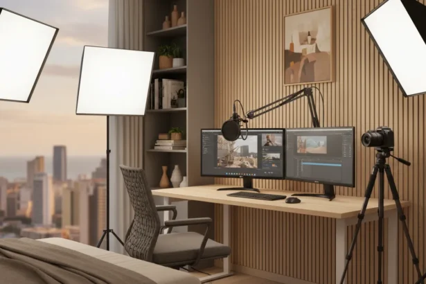 Setup com luzes, câmera e microfone em um centro de mídia para aulas online profissional dentro de um quarto.