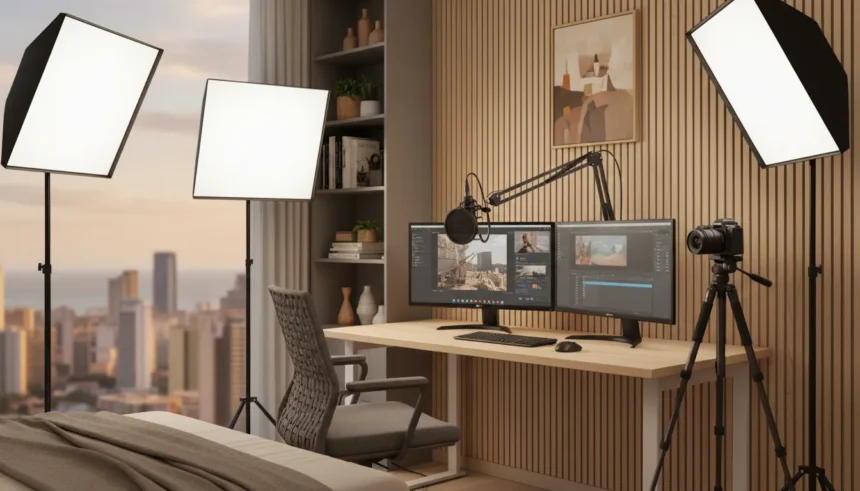 Setup com luzes, câmera e microfone em um centro de mídia para aulas online profissional dentro de um quarto.