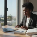 Estudante focado silenciando o celular para evitar distrações do telemóvel nos estudos em um ambiente organizado.