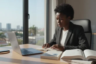 Estudante focado silenciando o celular para evitar distrações do telemóvel nos estudos em um ambiente organizado.