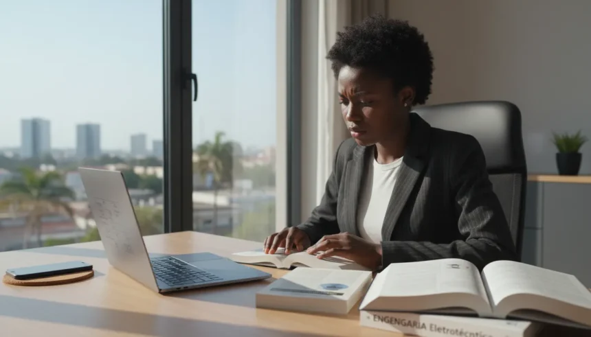 Estudante focado silenciando o celular para evitar distrações do telemóvel nos estudos em um ambiente organizado.