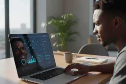 Interface com slides modernos e inteligência artificial, usando ferramentas de design gratuitas para apresentações.