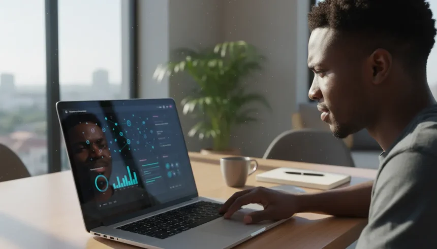 Interface com slides modernos e inteligência artificial, usando ferramentas de design gratuitas para apresentações.