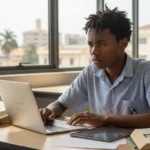 Estudante analisa gráficos do relatório da OCDE sobre o impacto das ferramentas digitais na educação no aprendizado.