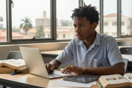 Estudante analisa gráficos do relatório da OCDE sobre o impacto das ferramentas digitais na educação no aprendizado.