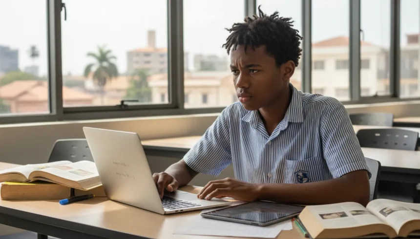 Estudante analisa gráficos do relatório da OCDE sobre o impacto das ferramentas digitais na educação no aprendizado.