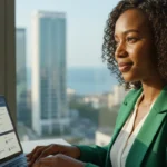 Professor utiliza notebook com interfaces de IA e ferramentas digitais para professores para otimizar o planejamento.