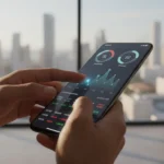 Smartphone com interface de IA exibindo gráficos financeiros e aplicativos para controle de gastos e economia pessoal.