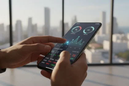 Smartphone com interface de IA exibindo gráficos financeiros e aplicativos para controle de gastos e economia pessoal.