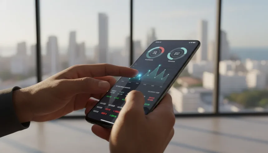 Smartphone com interface de IA exibindo gráficos financeiros e aplicativos para controle de gastos e economia pessoal.
