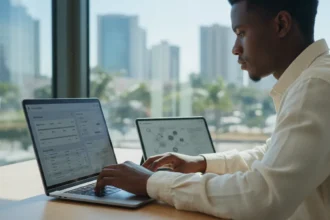 Notebook exibindo o Notion para organizar os estudos com cronograma e resumos digitais em um layout de segundo cérebro.