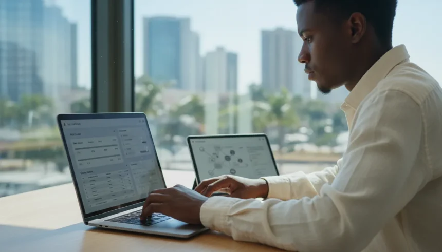 Notebook exibindo o Notion para organizar os estudos com cronograma e resumos digitais em um layout de segundo cérebro.