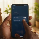 Smartphone com escudo e ícone de GPS bloqueado, focando na Privacidade no Android contra rastreamento de apps.