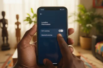 Smartphone com escudo e ícone de GPS bloqueado, focando na Privacidade no Android contra rastreamento de apps.