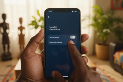 Smartphone com escudo e ícone de GPS bloqueado, focando na Privacidade no Android contra rastreamento de apps.