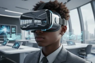 Alunos usam óculos de Realidade Virtual nas Escolas em um ambiente imersivo e tecnológico durante a aula.