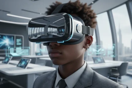 Alunos usam óculos de Realidade Virtual nas Escolas em um ambiente imersivo e tecnológico durante a aula.