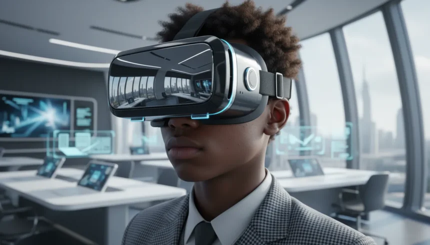 Alunos usam óculos de Realidade Virtual nas Escolas em um ambiente imersivo e tecnológico durante a aula.