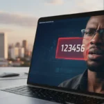 Painel de cibersegurança destaca o código 123456 sob análise de IA, alertando para riscos em senhas fracas.