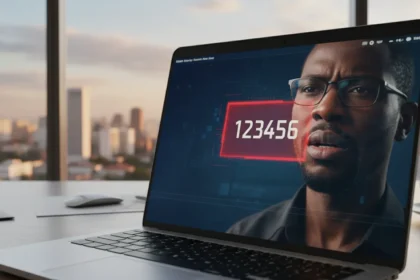 Painel de cibersegurança destaca o código 123456 sob análise de IA, alertando para riscos em senhas fracas.