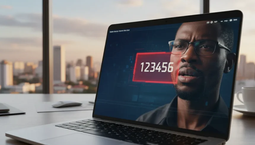 Painel de cibersegurança destaca o código 123456 sob análise de IA, alertando para riscos em senhas fracas.