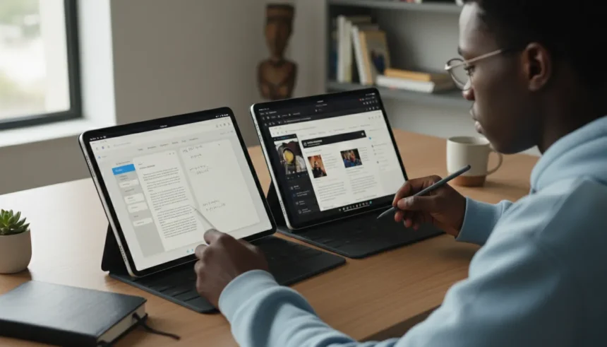 iPad e tablet Android lado a lado com apps de notas. Comparativo de tablets para estudar e multitarefa em 2026.