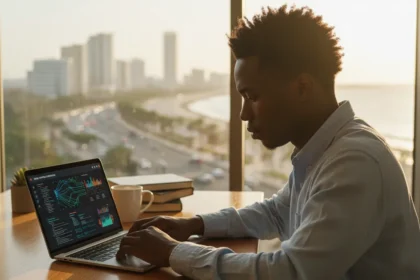 Estudante visualiza guia sobre como usar IA nos estudos com prompts práticos e métodos de fixação modernos.