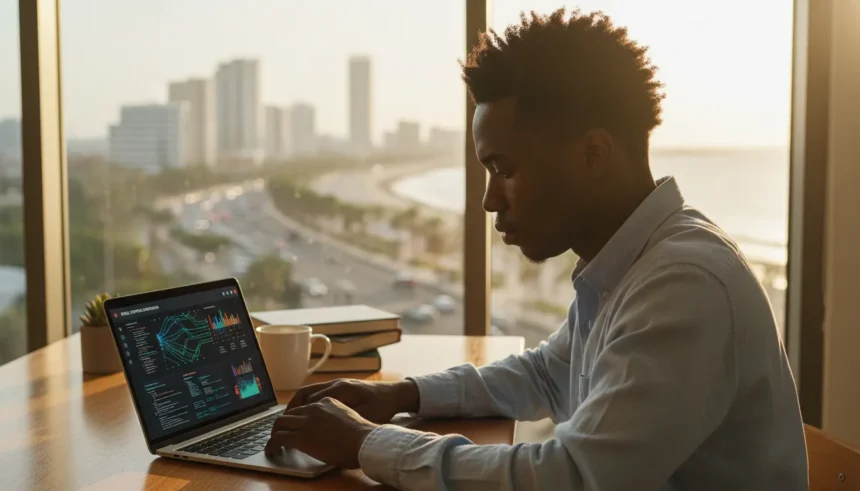 Estudante visualiza guia sobre como usar IA nos estudos com prompts práticos e métodos de fixação modernos.