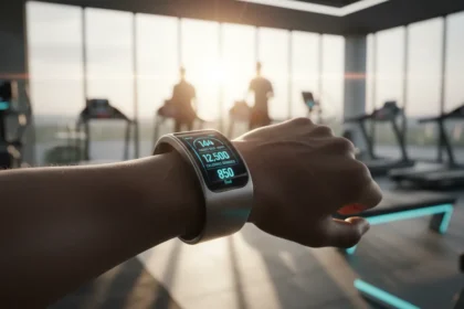 Smartwatch e anel inteligente exibindo dados de saúde com os melhores Wearables para Perda de Peso em fundo moderno.