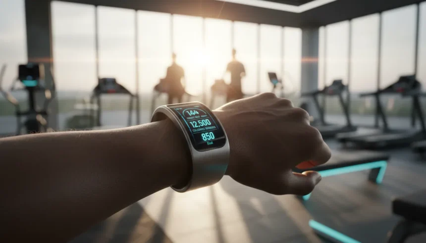 Smartwatch e anel inteligente exibindo dados de saúde com os melhores Wearables para Perda de Peso em fundo moderno.