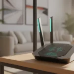 Roteador com antenas ajustadas para otimizar o sinal de internet e solucionar problemas de Wi Fi lento.