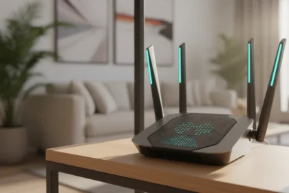 Roteador com antenas ajustadas para otimizar o sinal de internet e solucionar problemas de Wi Fi lento.