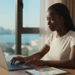 Estudante focado no notebook ao criar uma rotina de estudos online em 2026 em um ambiente organizado e produtivo.