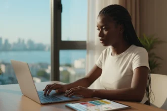 Estudante focado no notebook ao criar uma rotina de estudos online em 2026 em um ambiente organizado e produtivo.