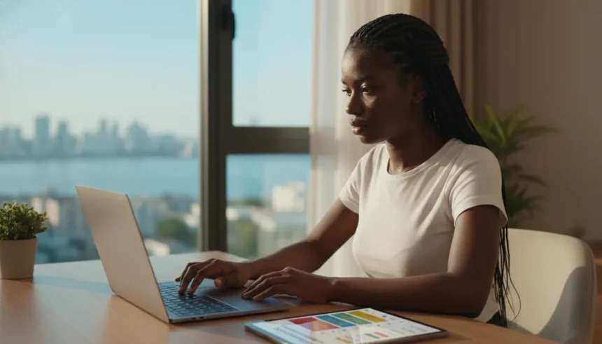 Estudante focado no notebook ao criar uma rotina de estudos online em 2026 em um ambiente organizado e produtivo.