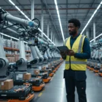 Braço mecânico estático em galpão logístico simbolizando Amazon robótica cortes e o futuro da automação.