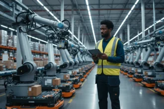 Braço mecânico estático em galpão logístico simbolizando Amazon robótica cortes e o futuro da automação.