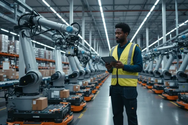 Braço mecânico estático em galpão logístico simbolizando Amazon robótica cortes e o futuro da automação.