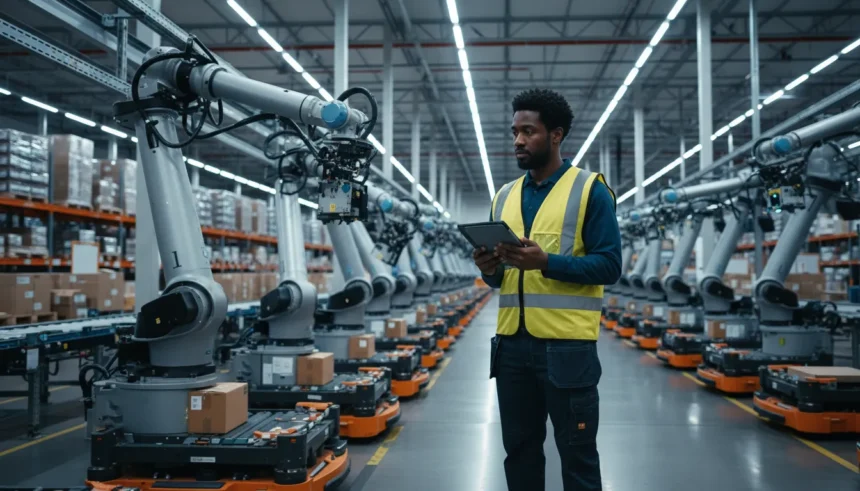 Braço mecânico estático em galpão logístico simbolizando Amazon robótica cortes e o futuro da automação.