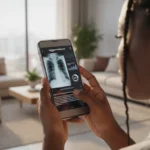 Interface do assistente médico IA Amazon analisando exames e respondendo consultas clínicas em um dispositivo móvel.