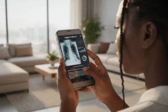 Interface do assistente médico IA Amazon analisando exames e respondendo consultas clínicas em um dispositivo móvel.