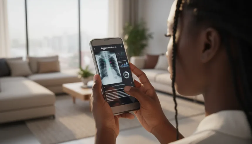 Interface do assistente médico IA Amazon analisando exames e respondendo consultas clínicas em um dispositivo móvel.